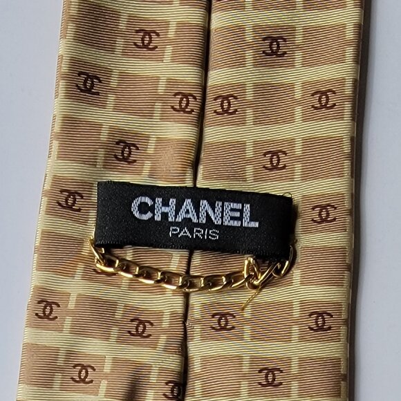 CHANEL Men's Vintage Tie 100% Silk Made in Italy beige with brown CCs - Picture 4 of 5